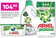 Ariel Auto Liquid 3Ltr, Hand Washing Powder 4.5Kg Or Capsules 30's-Each