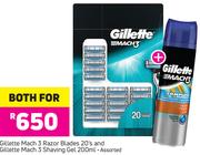 Gillette Mach 3 Razor Blades 20's & Gullette Mach 3 Shaving Gel 200ml-For Both