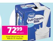 Great Value Long Life Milk-6x1Ltr Per Pack