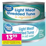 Great Value Shredded Tuna In Salt Water/Vegetable Oil-170g Each