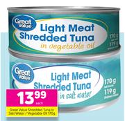 Great Value Shredded Tuna In Salt Water/Vegetable Oil-170g Each