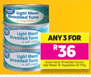 Great Value Shredded Tuna In Salt Water Or Vegetable Oil-3 x 170g