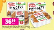 Rainbow Simply Chicken Bugers, Nuggets, Chicken Fingers Or Chicken Steaklets Assorted-400g Each