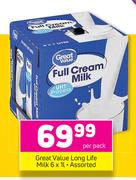 Great Value Long Life Milk Assorted-6 x 1Ltr Per Pack