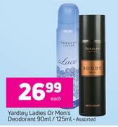 Yardley Ladies Or Men's Deodorant Assorted-90ml/125ml Each