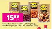 Koo Butter Beans In Brine Or Curry 410g, Red Kidney Beans 410g Or 4 Bean Mix 410g-Each