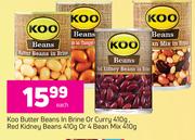 Koo Butter Beans In Brine Or Curry 410g, Red Kidney Beans 410g Or 4 Beans  Mix 410g-Each