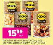 Koo Butter Beans In Brine Or Curry-410g, Red Kidney Beans-410g Or Bean Mix-410g Each