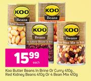 Koo Butter Beans In Brine Or Curry 410g, Red Kidney Beans 410g Or 4 Bean Mix 410g-Each