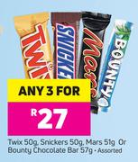 Twix-50g,Snickers-50g,Mars-51g Or Bounty Chocolate Bar Assorted-57g-For 3