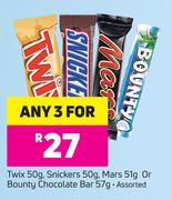 Twix 50g, Snickers 50g, Mars 51g Or Bounty Chocolate Bar 57g Assorted-For Any 3