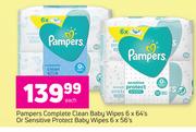 Pampers Complete Clean Baby Wipes-6 x 64's Or Sensitive Protect Baby Wipes-6 x 56's Each
