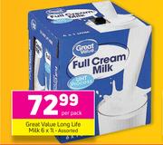 Great Value Long Life Milk Assorted-6 x 1Ltr Per Pack