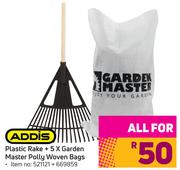 Addis Plastic Rake + 5 x Garden Master Polly Woven Bags-For All