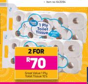 Great Value 1 Ply Toilet Tissue-For 2 x 10's Pack