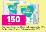 Pampers Complete Clean Baby Wipes 6 x 64's Or Sensitive Protect Baby Wipes 6 x 56's-Each