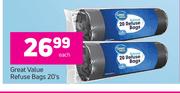 Great Value Refuse Bags-20's Each  
