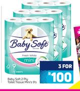 Baby Soft 2 Ply Toilet Tissue Mini's-3 x 9's Pack
