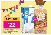 Great Value Long Life Milk 1Ltr And BB Brown Bread 700g-For Both