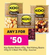 Koo Butter Beans 410g, Red Kidney Beans 410g Or 4 Bean Mix 410g Assorted -For Any 3