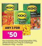 Koo Chakalaka 410g,Mixed Vegetables 410g,Whole Kernel Corn 410g Or Creamstyle Sweetcorn 415g-ForAny3