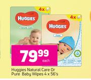 2Huggies Natural Care Or Pure Baby Wipes-4 x 56's Each