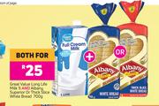 Great Value Long Life Milk 1Ltr And Albany Superior Or Thick Slice White Bread 700g-For Both