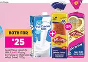 Great Value Long Life Milk 1Ltr & Albany Everyday Or Thick Slice White Bread 700g-For Both