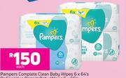 Pampers Complete Clean Baby Wipes 6 x 64's Or Sensitive Protect Baby Wipes 6 x 56's-Each