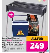  Large Steel Charcoal Braai + Campmaster 4Kg camp Briquettes + Big Jim 8L lm Cool Cooler Blue-For Al
