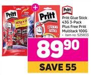 Pritt Glue Stick 43G 3 Pack Plus Free Pritt Multipack 100G