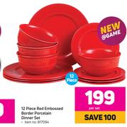 12 Piece Red Embossed Border Porcelain Dinner Set-Per Set
