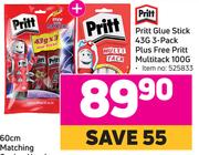 Pritt Glue Stick 43g 3 Pack Plus Free Pritt Multipack 100g