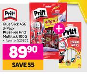 Pritt Glue Stick 43G (3 Pack) + Free Pritt Multitack 100G