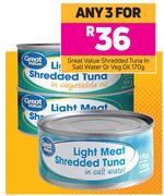 Great Value Shredded Tuna In Salt Water Or Veg Oil-For Any 3 x 170g