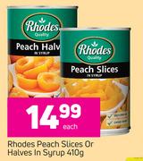 Rhodes Peach Slices Or Halves In Syrup-410g Each