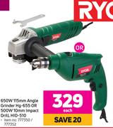 Ryobi 650W 115mm Angle Grinder HG-650 Or 500W 10mm Impact Drill HID-510-Each