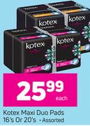 Kotex Maxi Duo Pads-16's Or 20's Each