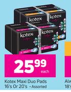 Kotex Maxi Duo Pads-16's Or 20's Each