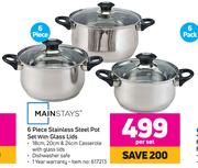 Mainstays 6 Piece Stainless Steel Pot Set With Glass Lids-Per Set