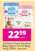 Johnson's Extra Sensitive Baby Wipes 72's Or Baby Jelly 250ml Assorted-Each