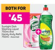 Sunlight Dish Washing Liquid 750ml & Handy Andy Refill 750ml Assorted-For Both