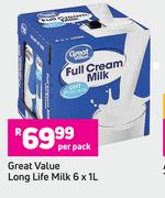 0Great Value Long Life Milk-6 x 1L Per Pack