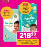 Pampers Baby Dry Jumbo Or Premium Care Value Pack Disposable Nappies-Per pack