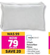 Mainstays 2 Pack Hollowfiber Pillow-45cm x 70cm