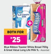 Blue Ribbon Toaster White Bread 700g & Great Value Long Life Milk 1L Assorted-For Both