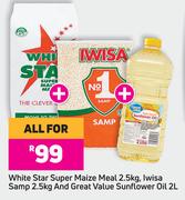 White Star Super Maize Meal 2.5Kg,Iwisa Samp 2.5Kg & Great Value Sunflower Oil 2L-For All