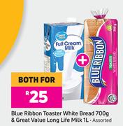 Blue Ribbon Toaster White Bread 700g & Great Value Long Life Milk 1L-For Both