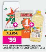 White Star Super Maize Meal 2.5kg,Iwisa Samp 2.5kg & Great Value Sunflower Oil 2L-For All