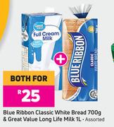 Blue Ribbon Classic White Bread 700g & Great Value Long Life Milk 1Ltr Assorted-For Both